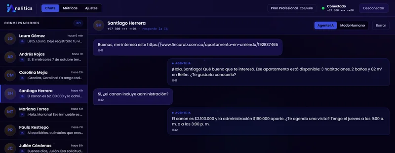 Un cliente envía el enlace de un portal y el ChatBot responde con el inmueble