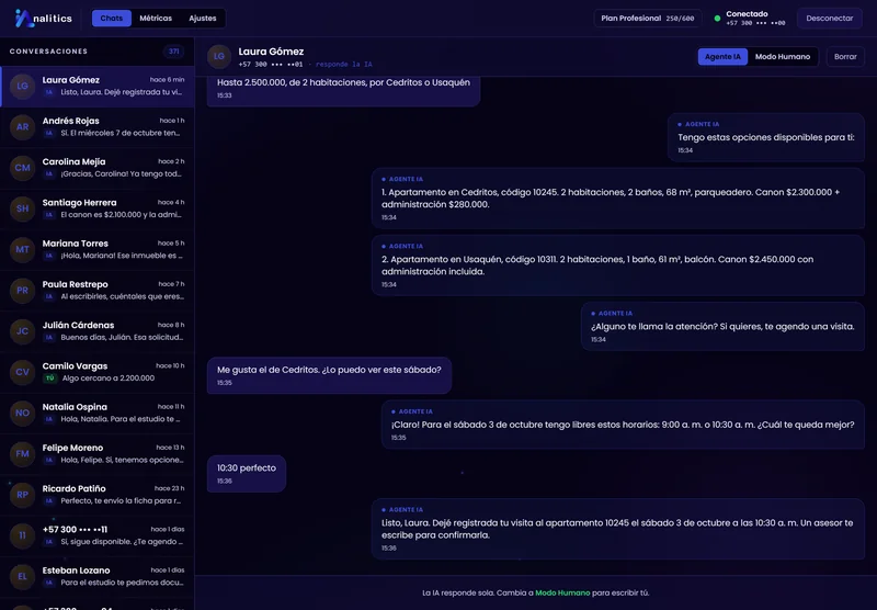 Lista de conversaciones y una conversación atendida por el ChatBot