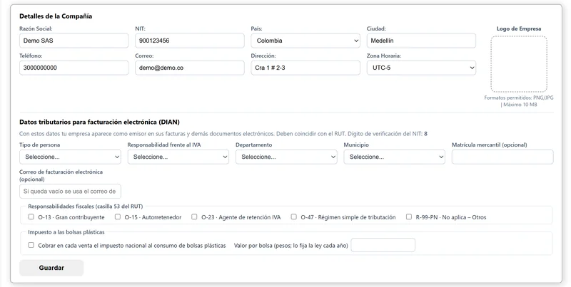 Datos tributarios para facturación electrónica en Ajustes