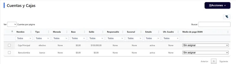Cuentas y cajas con la columna Medio de pago DIAN
