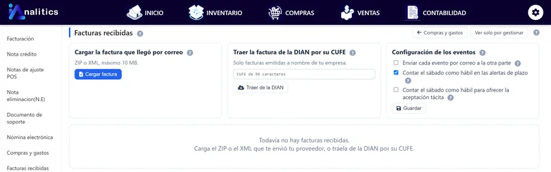 Facturas recibidas: cargar la factura del correo o traerla de la DIAN por su CUFE