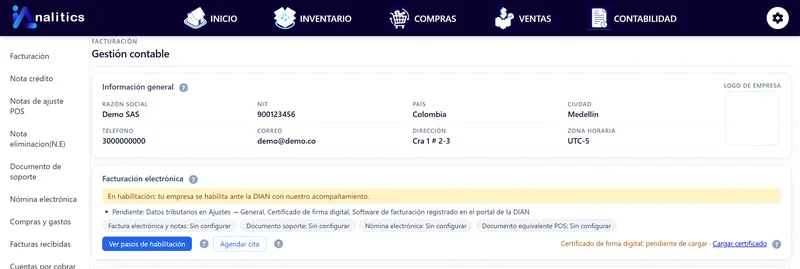 Panel de Facturación con el estado de la habilitación