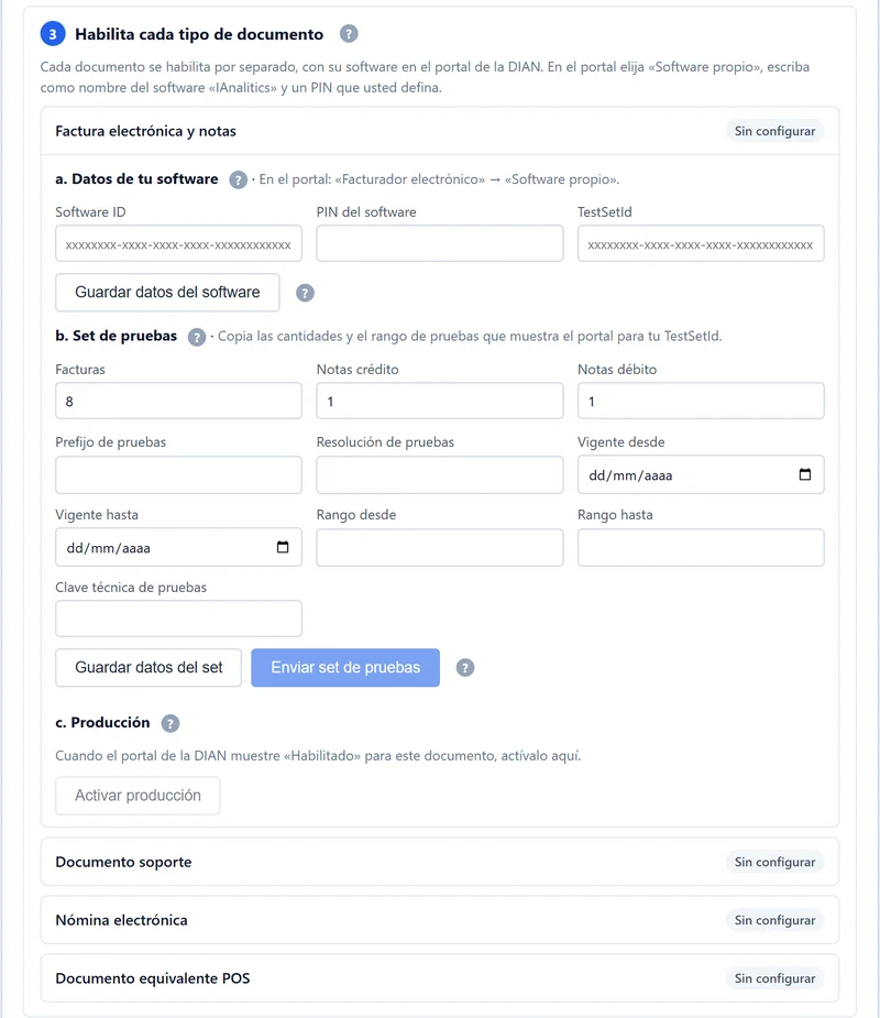Paso 3: datos del software, set de pruebas y producción de la factura