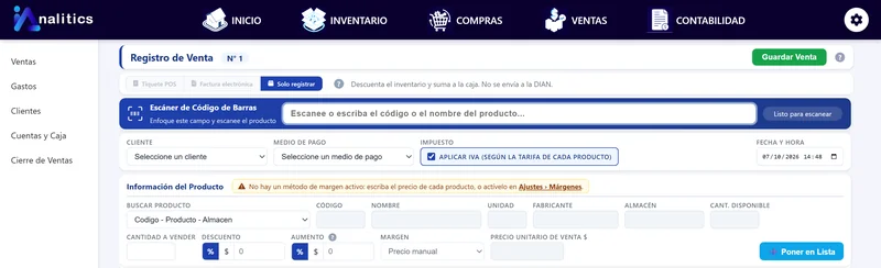 Registro de venta con el selector de documento
