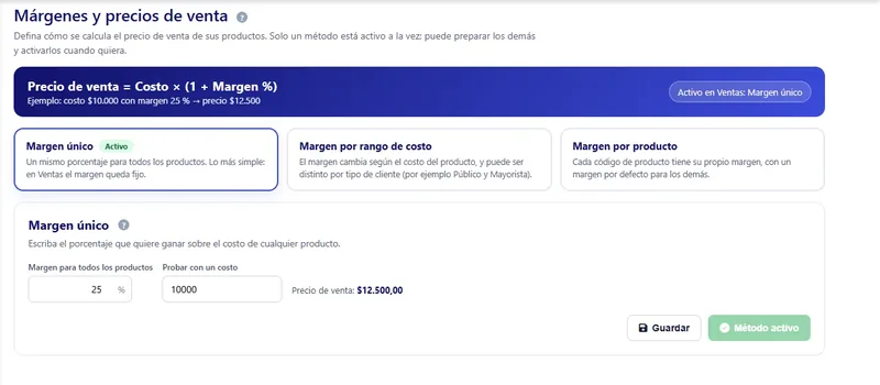 Pantalla de márgenes en Ajustes