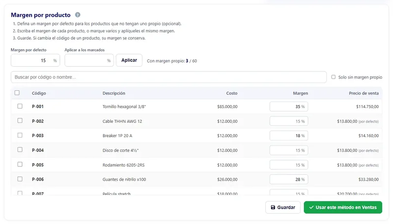 Configuración del margen por producto