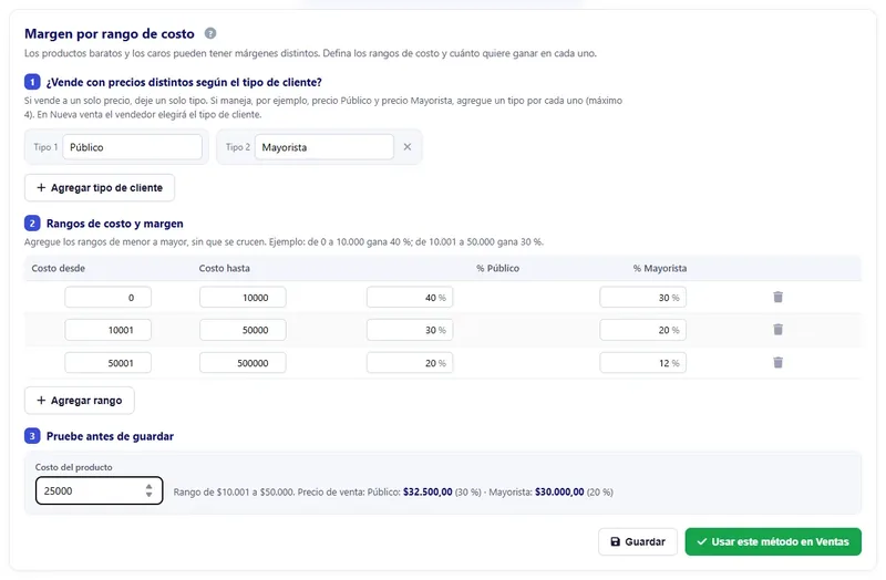 Configuración del margen por rango de costo