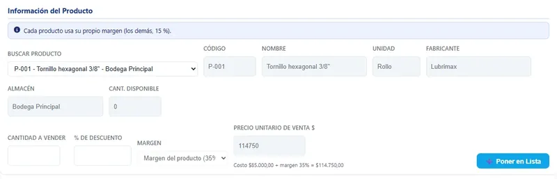 Nueva venta con el margen del producto