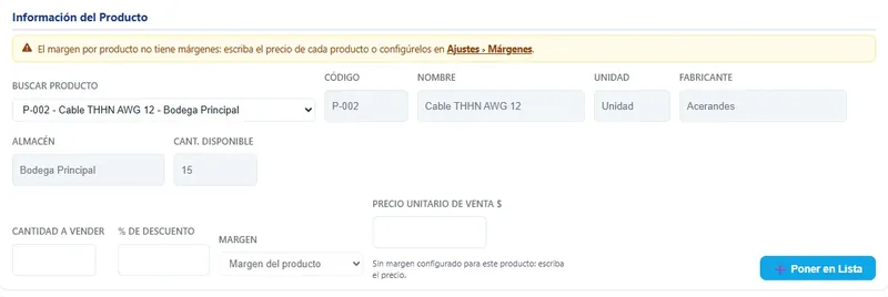 Nueva venta sin margen configurado