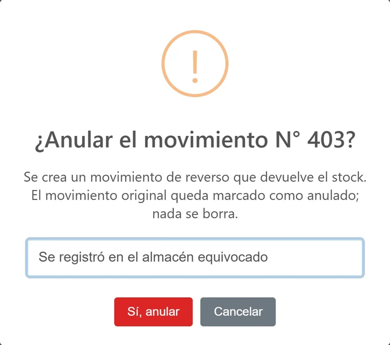 Ventana para anular un movimiento con su motivo