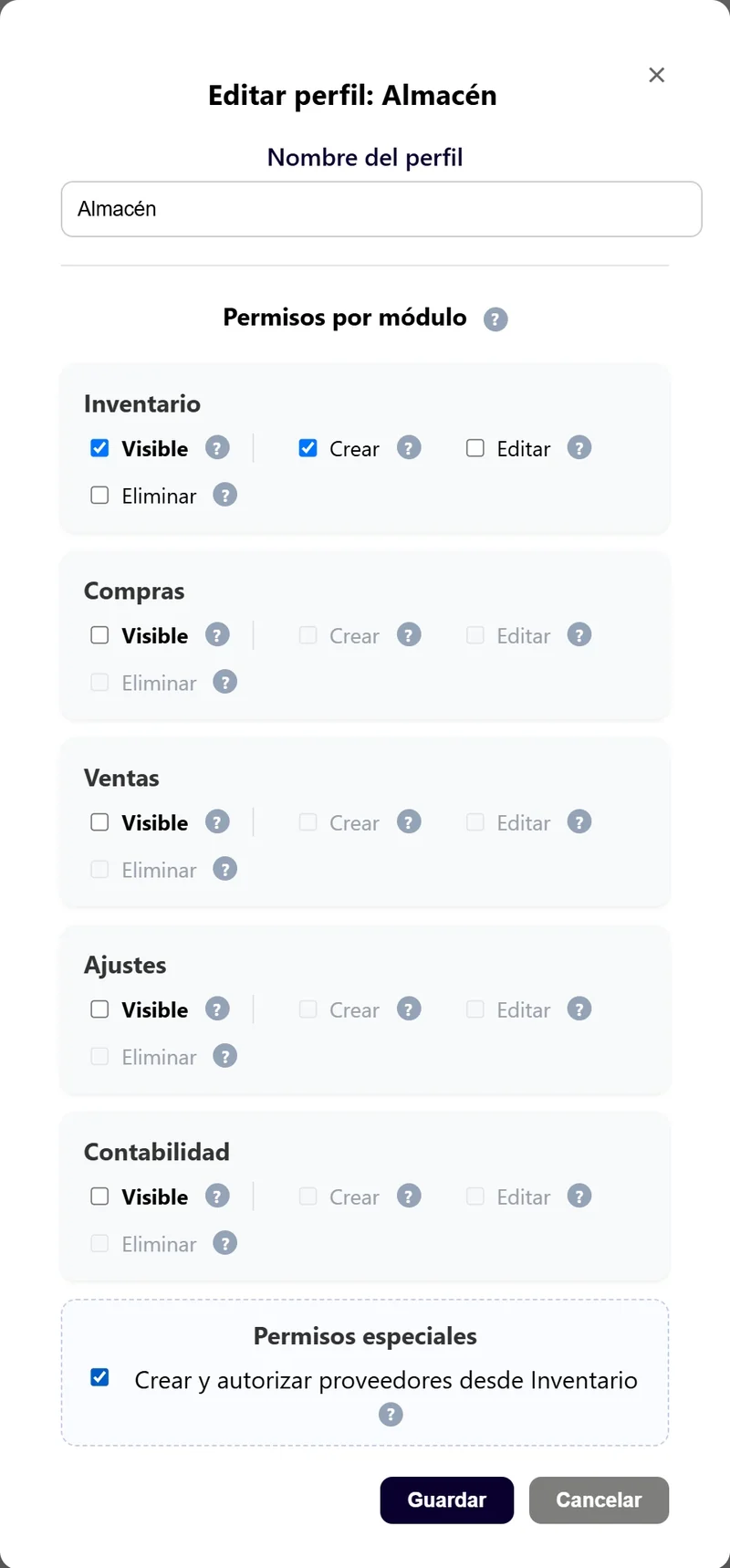 Permiso especial Crear y autorizar proveedores desde Inventario