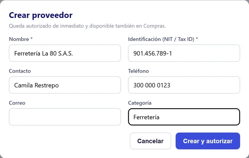 Crear un proveedor rápido desde la entrada
