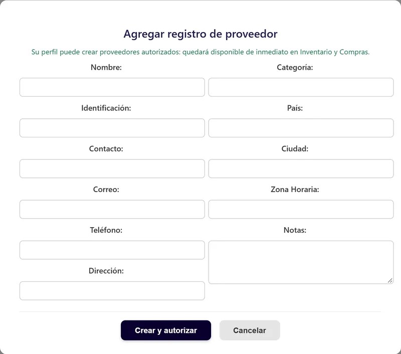 Formulario Agregar registro de proveedor en Inventario