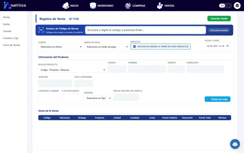 Formulario de registro de venta con escáner