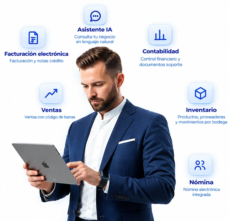 Plataforma IANALITICS: facturación electrónica, ventas, asistente de IA, contabilidad, inventario y nómina en un profesional usando una tablet