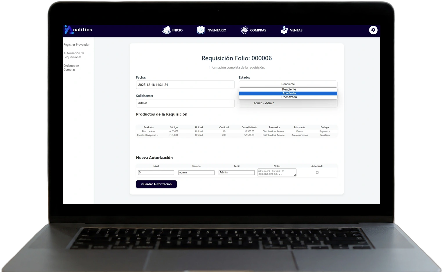 Requisición de compra de IANALITICS con estado y niveles de autorización