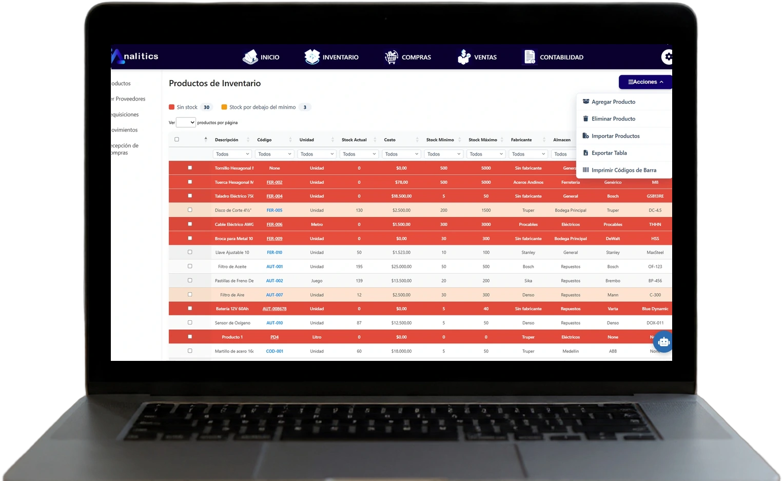 Módulo de inventario de IANALITICS con productos, stock y alertas