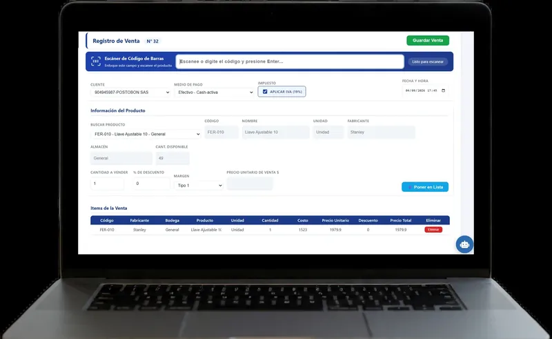 Formulario de nueva venta de la Plataforma SaaS IAnalitics con lector de código de barras y descuento automático de inventario