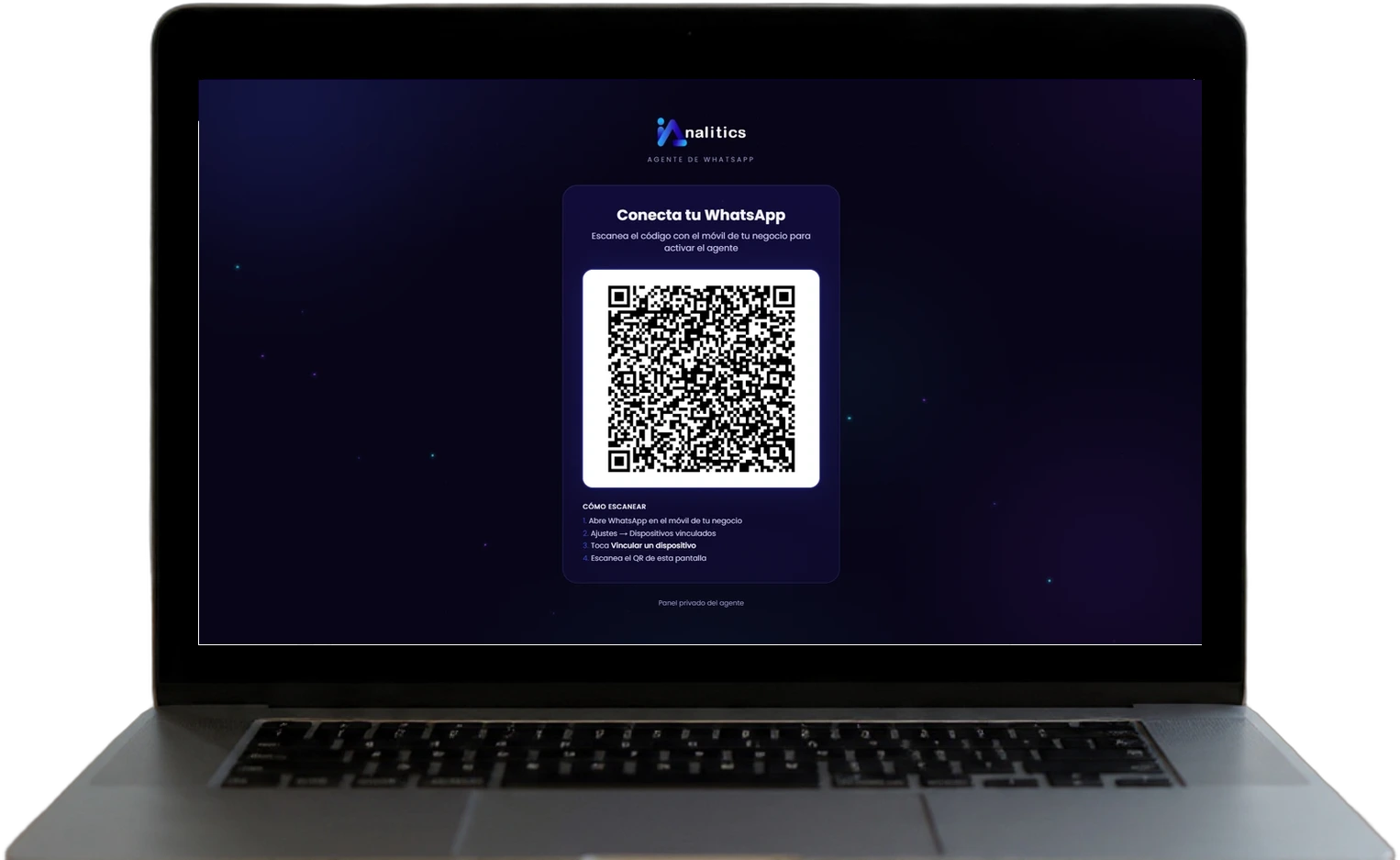 Pantalla para conectar el Agente IA de WhatsApp escaneando un código QR, en una laptop